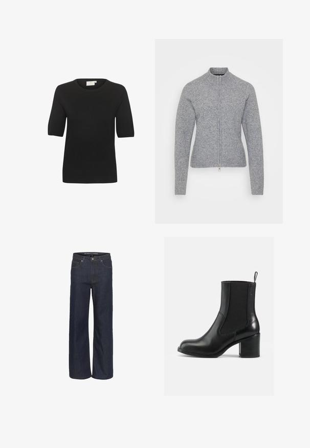 Pull gris à zip avec un col haut, texture côtelée et design ajusté. Doté d'une fermeture éclair argentée et d'une construction de manches sans couture.; Top en maille noir à manches courtes avec un col rond. Présente une texture lisse et un design simple. Étiquette visible au niveau du cou.; Jean large en denim foncé avec une taille haute, comportant cinq poches, une couture contrastante et un ourlet brut en bas.; Botte noire en cuir à chevilles avec panneaux latéraux en élastique, bout rond et talon bloc. Texture lisse avec peu de détails de couture.