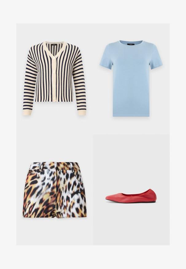 Cardigan tricoté à rayures crème et bleu marine, manches longues, col en V, et fermeture à boutons sur le devant.; T-shirt bleu clair à manches courtes et col rond avec une couture simple, présenté sur un fond blanc.; Shorts courts pour femmes avec un imprimé léopard en nuances de marron, noir et blanc, avec passants de ceinture et poches avant.; Filippa K REY FLATS - Ballerines - bright red