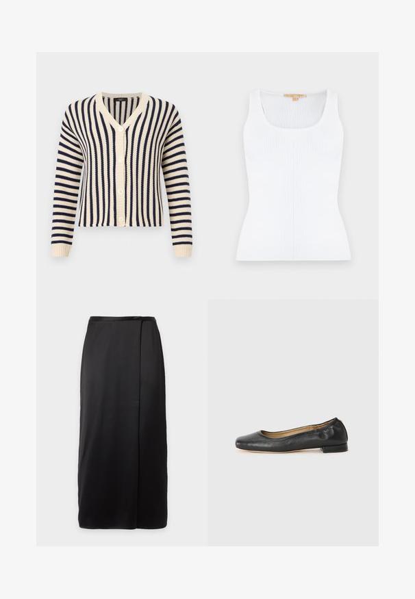 Cardigan tricoté à rayures crème et bleu marine, manches longues, col en V, et fermeture à boutons sur le devant.; Débardeur blanc en maille côtelée sans manches, doté d'un col en U et d'une silhouette ajustée.; Jupe midi noire avec une coupe droite et nette et un détail subtil de superposition latérale sur un fond en tissu lisse.; Ballerines en cuir noir avec un bout arrondi et des coutures minimales. Talon bas et rectangulaire avec une texture lisse. Détails subtils de doublure intérieure.