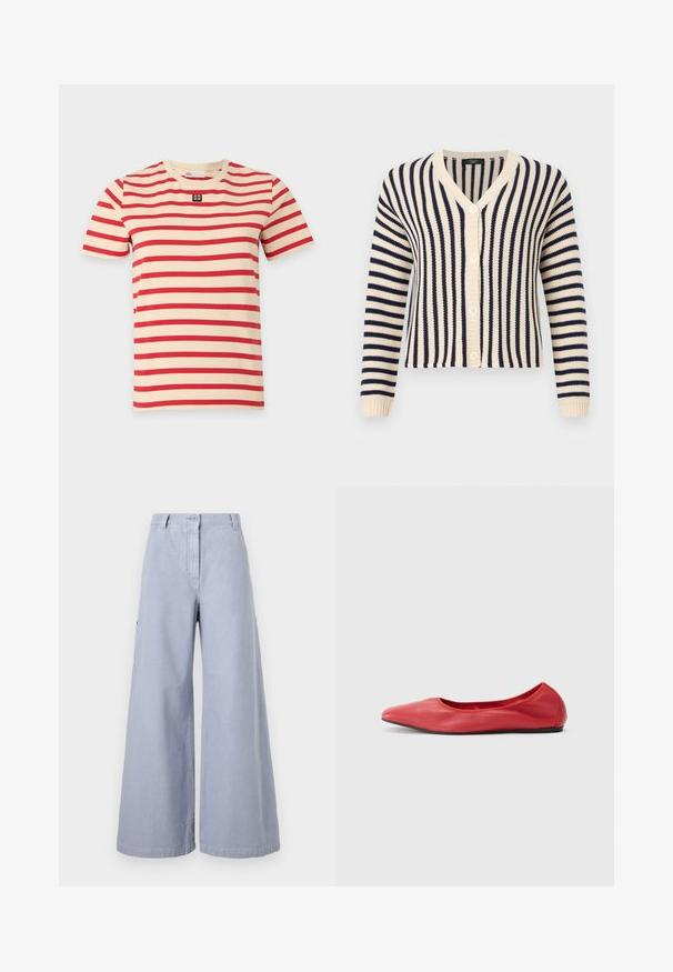 Cardigan tricoté à rayures crème et bleu marine, manches longues, col en V, et fermeture à boutons sur le devant.; T-shirt beige à manches courtes avec des rayures rouges horizontales et un petit patch logo noir et blanc centré sous le col.; Pantalon large bleu clair taille haute, fermeture à boutons, passants de ceinture et poches latérales, présenté sur un fond blanc uni.; Filippa K REY FLATS - Ballerines - bright red
