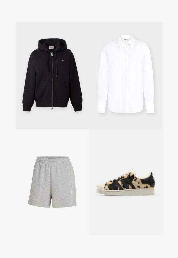 Čierna mikina na zips s kapucňou so šnúrkami, prednými klokankovými vreckami, rebrovanými manžetami a malou nášivkou s logom Carhartt na ľavej strane hrudníka.; Biela košeľa s dlhým rukávom, gombíková, so špicatým golierom a zapínaním na gombíky na manžetách na svetlosivom pozadí.; Šedé bavlnené šortky s elastickým pásom. Obsahujú malé biele logo. Mäkká textúra a voľný strih.; Tenisky s vzorom z hovädzej kože v béžovej a čiernej farbe, tri čierne pruhy, biela gumená špička a textúrovaná podrážka. Obsahujú šnúrky a značkovanie.