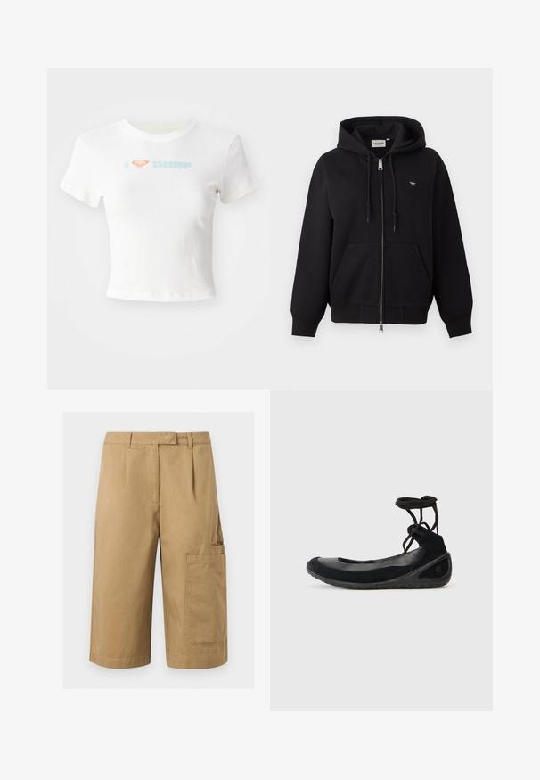 Schwarzer Kapuzenpullover mit Reißverschluss, Kordelzug an der Kapuze, vorderen Kängurutaschen, gerippten Bündchen und kleinem Carhartt-Logo auf der linken Brust.; Weißes, kurz geschnittenes T-Shirt aus Baumwolle, mit einem orangefarbenen Herzsymbol und dem Schriftzug "SURF" in hellblauer Schrift auf der Vorderseite. Kurzärmlig, rundhals.; Beige cargoshorts knielang mit seitlicher Pattentasche, Gürtelschlaufen und vorderen Abnähern, aus robustem Stoff.; Schwarze Ballerinas mit einem Wildleder-Obermaterial, Gummisohle und kreuzverlaufender Schnürung. Mit einer abgerundeten Spitze und einem strukturierten Seitenakzent.