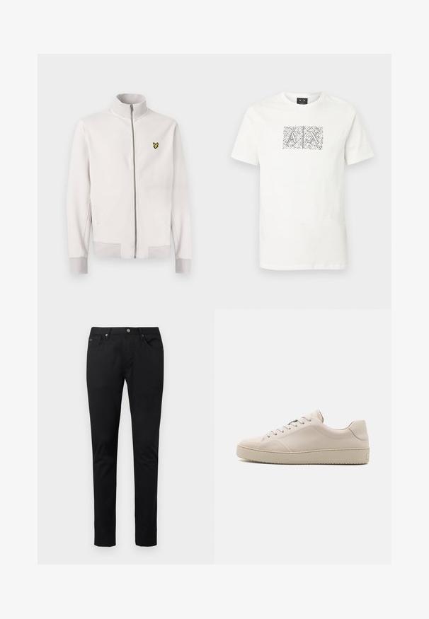 Witte jas met ritssluiting, hoge kraag, geribde manchetten en zoom, en een klein geel vogel-logo op de linkerborst.; Wit T-shirt met korte mouwen en ronde hals, met een zwart-witte abstracte grafiek van overlappende letters "A" en "X" in het midden van de borst.; Zwarte, slim-fit herenbroek met knoop aan de voorkant, ritssluiting, riemlussen en een ontwerp met vijf zakken op een effen lichte achtergrond.; Beige leren sneakers met een gladde afwerking, ronde neus, platte zool en klassiek vetersluiting ontwerp. Subtiele stiksels en een gestructureerde buitenzool.