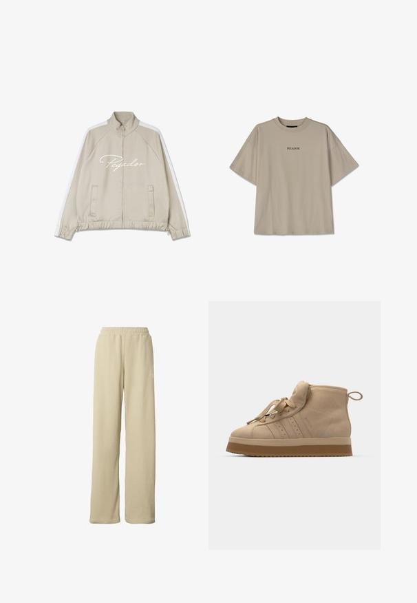 Beige Zip-Jacke mit weißen Akzenten, hochschließender Kragen, elastische Bündchen, Kordelzug am Saum und "Pegador"-Logo auf der Vorderseite.; Beige Baumwoll-T-Shirt mit Oversize-Schnitt, kurzen Ärmeln, rundem Halsausschnitt und zentriertem schwarzen Text "PEGADOR." Keine Muster oder zusätzlichen Details.; Beige gerippte Hosen mit weitem Bein, elastischem Bund und dezentem kleinem weißen Logo am oberen Oberschenkel.; Beige Wildleder-Hochtop-Sneaker mit einer dicken Gummisohle, ausgestattet mit einer umklappbaren Zunge, runder Spitze und dekorativen Schnürsenkeln.