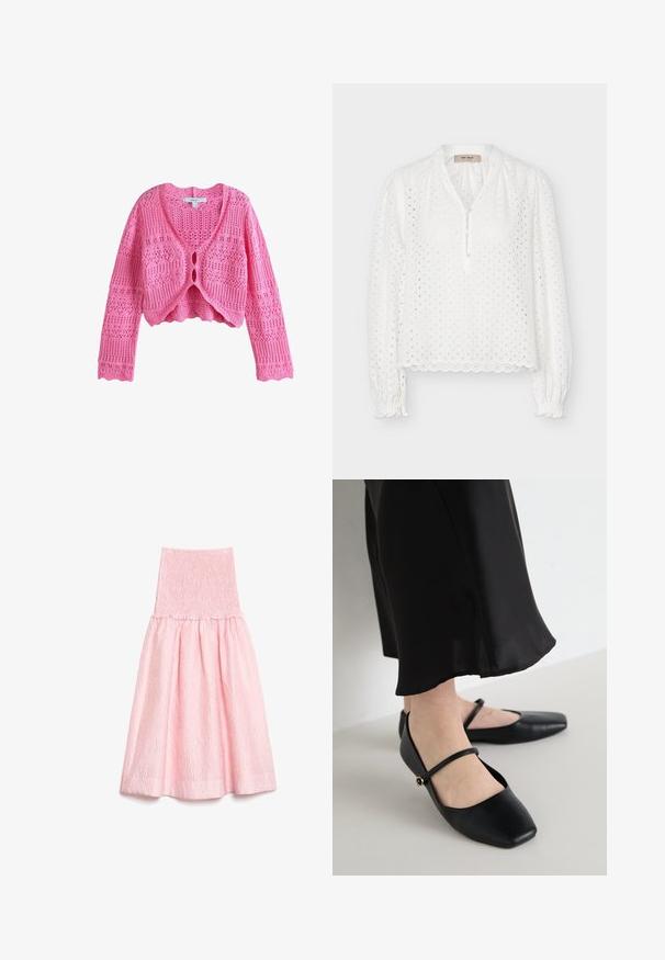Lyserød strikket cropped cardigan med lange ærmer, bølgede kanter og bindefront, med detaljerede åbenarbejdsmønstre.; Hvid bluse med lange ærmer med hulmønster, bølget kant og manchetter, tre-knaps lukning og let opsvulmede skuldre.; Lyserød midi-nederdel med struktureret stof, smocket høj talje og opsamlet vidde nederst.; Sorte flade sko med firkantet tådesign, lavet af glat læder, med et enkelt bånd over foden, med en lille dekorativ detalje.