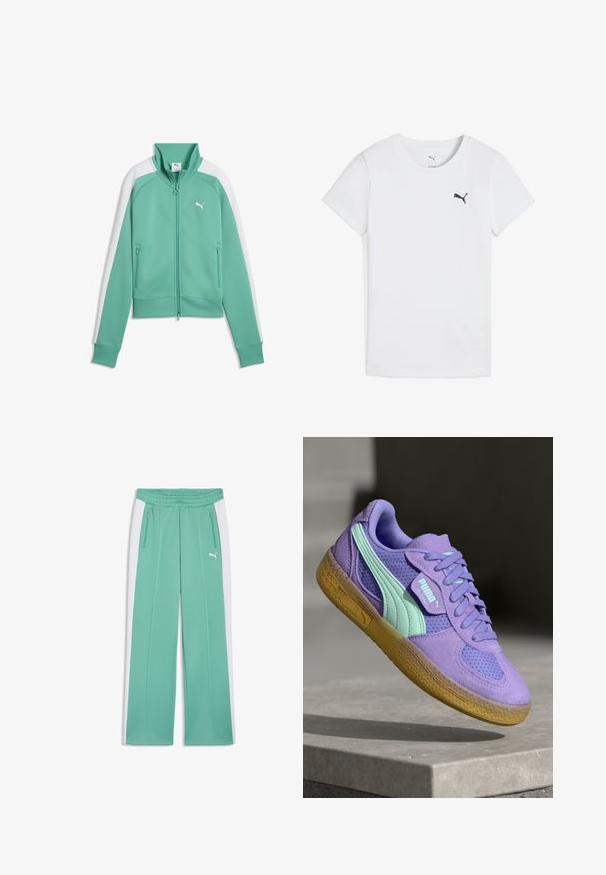 Mintgroene Puma trainingsjas met volledige rits aan de voorkant, geribde kraag en manchetten, witte strepen op de mouwen en ritssluiting aan beide zijzakken.; Witte katoenen T-shirt met een ronde hals, voorzien van een klein zwart Puma-logo op de linkerkant van de borst. Korte mouwen en een klassieke pasvorm.; Mintgroene trainingsbroek met witte zijstrepen, elastische tailleband, met rits afgesloten zakken en een klein wit Puma-logo op de rechterdij.; Paarse suède en mesh sneaker met mintaccenten, vetersluiting en een gestructureerde gumzool. Bevat PUMA-branding aan de zijkant.