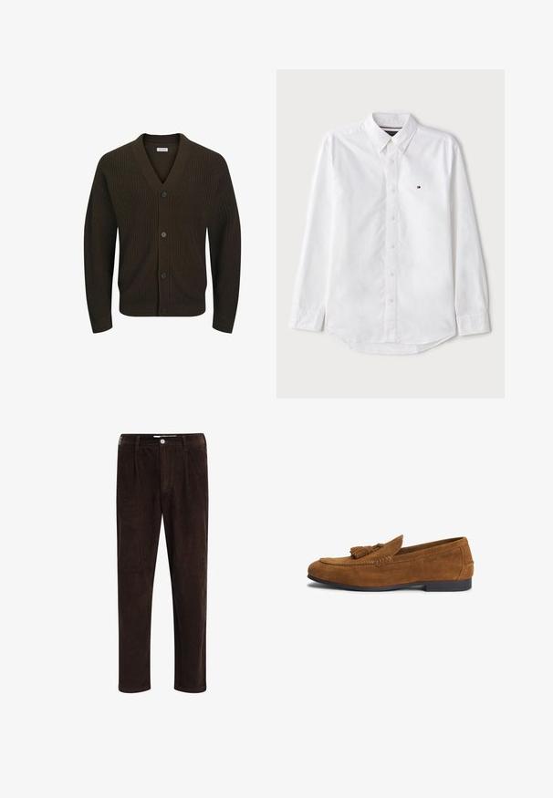 Cardigan tricoté marron foncé avec un col en V, doté de six boutons noirs à l'avant, texture côtelée, manches longues et ourlet droit.; Chemise blanche à manches longues avec un col classique, en coton, présentant un logo discret sur la poitrine et un ourlet arrondi.; Redefined Rebel JOHN COMFORT FIT - Pantalon classique - demitasse; Mocassin homme en daim marron avec détail pompon et semelle noire basse, embossé sur le côté avec le nom de la marque.