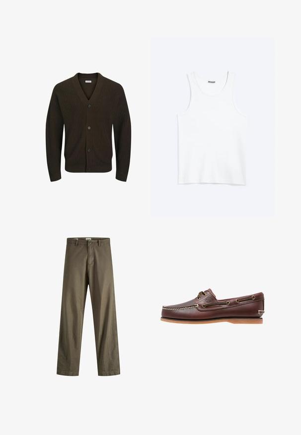 Cardigan tricoté marron foncé avec un col en V, doté de six boutons noirs à l'avant, texture côtelée, manches longues et ourlet droit.; Débardeur blanc sans manches avec col rond et étiquette de la marque Weekday à l'intérieur du col arrière, présenté à plat sur un fond clair.; Pantalon en coton vert olive avec jambes droites, doté d'une fermeture éclair, d'un bouton et de poches latérales. Texture lisse et détails minimalistes.; Chaussure bateau en cuir marron avec coutures blanches, détails de lacets et semelle en caoutchouc beige, vue de côté sur fond blanc.