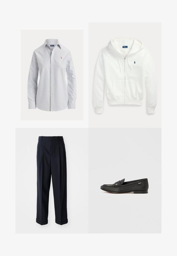 Biely mikina na zips s kapucňou a prednými vreckami, s malým modrým logom Polo Ralph Lauren na ľavej strane hrude.; Biela košeľa na gombíky s tenkými zvislými modrými pruhmi, dlhými rukávmi, špicatým golierom a malým vyšivaným logom na hrudi.; Námořnické vysoké kalhoty z hladké látky. Obsahují sklady a ohrnuté manžety pro upravený vzhled.; Čierna kožená mokasína s textúrovaným povrchom, detailom na uchytenie mincí, úzkym profilom, jemným logom na boku a nízkym, plochým podpätkom.