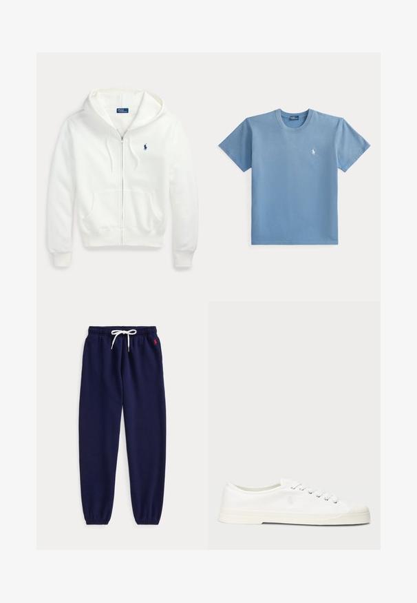 Witte hoodie met rits, capuchon en voorzakken, met een klein blauw Polo Ralph Lauren-logo op de linkerborst.; Eenvoudig blauw T-shirt met korte mouwen en ronde hals, met een klein wit geborduurd logo op de linkerborst.; Marineblauwe joggerbroek met witte aantrekkoord in de taille en elastische boorden, met een klein rood logo geborduurd vlak bij de linker zak.; Witte canvas sneaker met een ronde neus, vetersluiting en subtiele logo-detail. Voorzien van een gemêleerde stof en rubberen zool.
