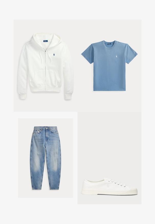Witte hoodie met rits, capuchon en voorzakken, met een klein blauw Polo Ralph Lauren-logo op de linkerborst.; Eenvoudig blauw T-shirt met korte mouwen en ronde hals, met een klein wit geborduurd logo op de linkerborst.; Lichtblauwe high-waisted spijkerbroek met lichte vervaging en slijtage bij de voorzakken, vijfzakkenstijl en taps toelopende pijpen.; Witte canvas sneaker met een ronde neus, vetersluiting en subtiele logo-detail. Voorzien van een gemêleerde stof en rubberen zool.
