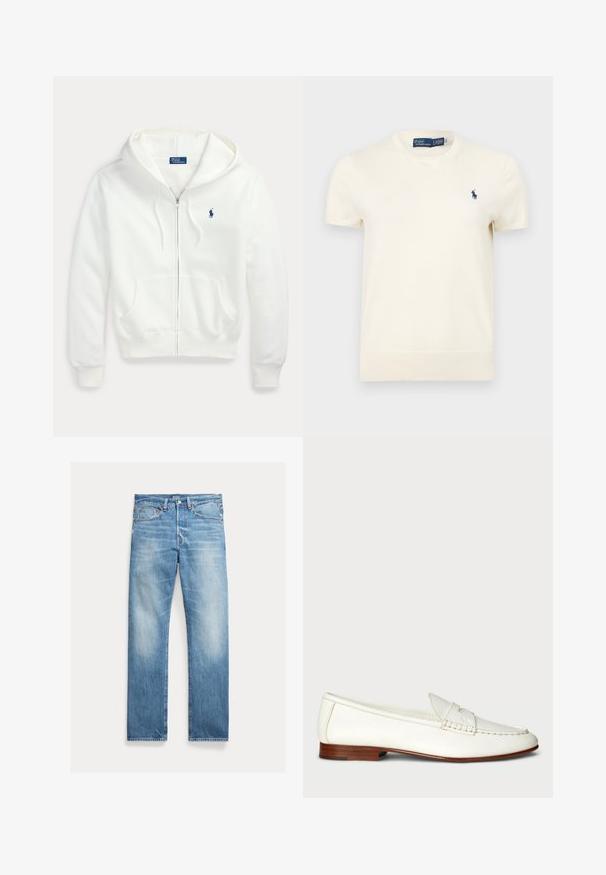 Biely mikina na zips s kapucňou a prednými vreckami, s malým modrým logom Polo Ralph Lauren na ľavej strane hrude.; Krátky rukáv, krémové Polo Ralph Lauren tričko s okrúhlym výstrihom a malým tmavomodrým vyšitým logom na ľavej strane hrudníka.; Svetlomodré rovné rifle s miernym vyblednutím, dizajn s piatimi vreckami a viditeľnou značkou Polo na páse.; Bílé kožené mokasíny s texturovaným povrchem, zaoblenou špičkou a tkaným detailem. Nízký dřevěný podpatek a minimalistický design.