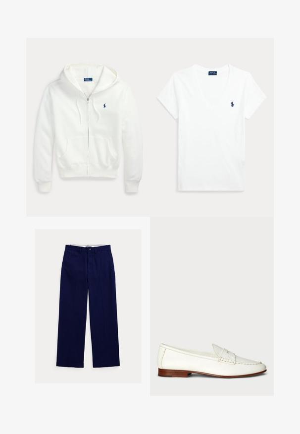 Sudadera blanca con cremallera, capucha y bolsillos delanteros, con un pequeño logo azul de Polo Ralph Lauren en el pecho izquierdo.; Camiseta blanca de manga corta con cuello en V y pequeño logo de Polo Ralph Lauren en azul marino en el lado izquierdo del pecho.; Pantalones azul marino de corte recto con trabillas para cinturón, cierre frontal con botones y bolsillos laterales sobre fondo blanco.; Mocasin de cuero blanco con un acabado texturizado, punta redondeada y acento trenzado. Tacón bajo de madera y diseño minimalista.