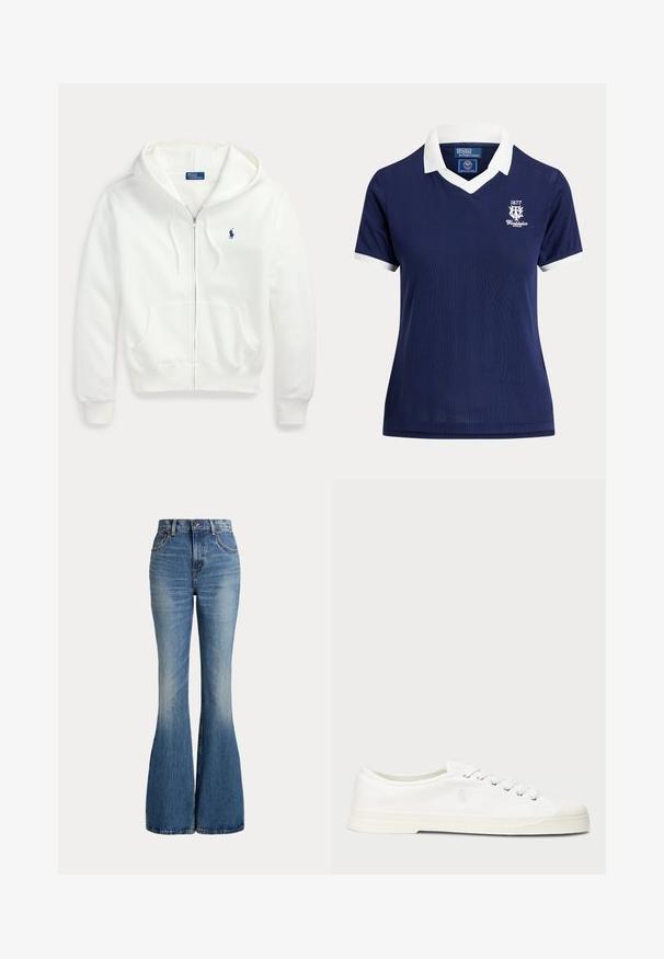 Biely mikina na zips s kapucňou a prednými vreckami, s malým modrým logom Polo Ralph Lauren na ľavej strane hrude.; Tmavomodré polo s krátkym rukávom s bielym golierom a manžetami, logo Wimbledon 1877 na ľavej strane hrude, od Polo Ralph Lauren.; Modré rifle s vysokým pásom s rozšírenými nohavicami a miernym vyblednutím v prednej oblasti stehna, zobrazené na bielom pozadí.; Biele plátěné tenisky s okrúhlou špičkou, viazaním na šnúrky a diskrétnym logom. Majú štruktúrovanú textíliu a gumovú podrážku.