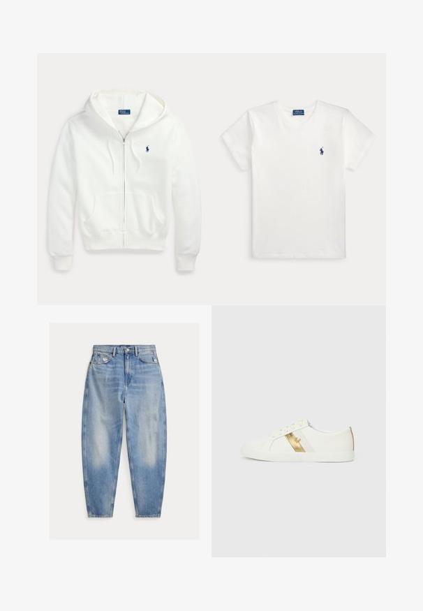 Biely mikina na zips s kapucňou a prednými vreckami, s malým modrým logom Polo Ralph Lauren na ľavej strane hrude.; Jednoduché biele tričko s krátkym rukávom s malým tmavomodrým logom Polo Ralph Lauren na ľavej strane hrudníka a modrou značkovou štítkom vo vnútri goliera.; Svetlomodré džínsy s vysokým pásom, mierne vyblednuté a opotrebované pri predných vreckách, päť vrecový štýl a zužujúce sa nohavice.; Biele tenisky so zlatým metalickým prúžkom, štruktúrovanou gumovou podrážkou a zlatým akcentom na päte. Jednoduchý dizajn s okrúlym špičkou a šnúrkami.