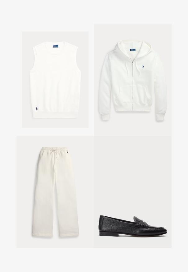 Valge lukuga kapuutsiga pusa ees taskud, vasakul rinnal väike sinine Polo Ralph Laureni logo.; Valge varrukateta topp pehmest kangast, millel on soonikuga kaelus ja serv. Väike tumesinine logo vasaku alumise nurga juures.; Valged laia säärega dressipüksid elastse vöökoha, paelaga, küljetaskute ja väikese tumelilla logoga parema tasku juures.; Must värvi nahast loafer tekstureeritud viimistlusega, dekoratiivse rihmaga ja madala kanna ning sileda, minimalistliku disainiga ümmarguse ninaga.