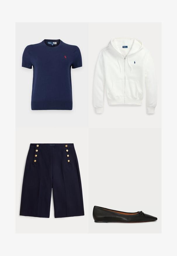 Sweat à capuche zippé blanc avec une capuche et des poches avant, avec un petit logo Polo Ralph Lauren bleu sur la poitrine gauche.; T-shirt en tricot bleu marine à manches courtes avec un col rond et un petit logo rouge sur le côté gauche de la poitrine. Texture lisse, coupe décontractée.; Shorts bleu marine longueur genou avec jambes larges et boutons dorés décoratifs sur les poches avant.; Ballet flat en cuir noir avec un bout pointu, une silhouette élancée et un petit nœud à l'avant. Texture lisse et design minimal.