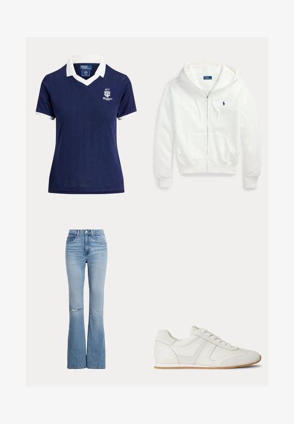 Sweat à capuche zippé blanc avec une capuche et des poches avant, avec un petit logo Polo Ralph Lauren bleu sur la poitrine gauche.; Polo bleu marine à manches courtes avec col et poignets blancs, logo Wimbledon 1877 sur la poitrine gauche, par Polo Ralph Lauren.; Jean évasé taille haute bleu clair avec poches avant, fermeture bouton et zip, et une petite déchirure au niveau du genou gauche.; Baskets basses blanches avec laçage à l'avant, panneaux en daim et cuir, et une semelle en caoutchouc marron clair sur fond blanc.