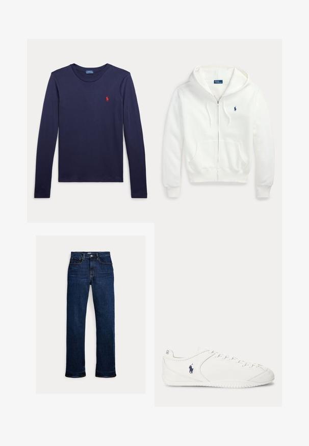 White zip-up hoodie with a hood and front pockets, featuring a small blue Polo Ralph Lauren logo on the left chest.; Navy blue long-sleeve shirt with round neckline and small red Polo Ralph Lauren logo on the left chest.; Dark blue straight-leg denim jeans with front button and zipper, five-pocket design, and visible stitching details.; White low-profile sneaker with lace-up front and dark blue polo player logo on side, shown from the inner side.