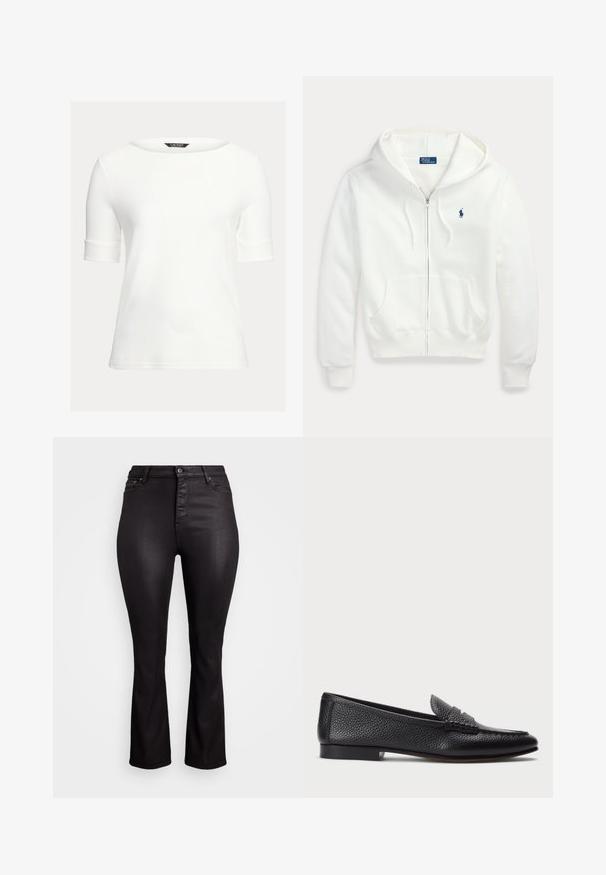 Weißer Kapuzenpullover mit Reißverschluss, Kapuze und Fronttaschen, mit kleinem blauem Polo Ralph Lauren-Logo auf der linken Brust.; Weißes tailliertes Oberteil mit einem Bootsausschnitt, kurzen, umgeschlagenen Ärmeln und einem glatten, weichen Stoff. Einfaches Design ohne Muster oder Verzierungen.; Schwarze, geflammte Jeans mit hohem Bund, ausgestattet mit einem vorderen Knopfverschluss, fünf Taschen und einer glatten, leicht dehnbaren Textur.; Schwarze Lederloafers mit strukturiertem Finish, ausgestattet mit einem dekorativen Riemen und flachem Absatz. Schlankes, minimales Design mit abgerundeter Spitze.