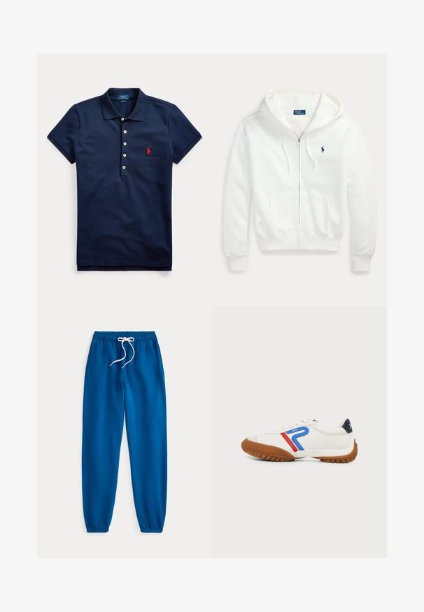 Witte hoodie met rits, capuchon en voorzakken, met een klein blauw Polo Ralph Lauren-logo op de linkerborst.; Marineblauw poloshirt met korte mouwen, vier witte knopen en een rood geborduurd logo op de borst, kraag naar beneden gevouwen.; Blauwe joggingbroek met elastische taille, witte trekkoord en enkelboorden, plat gelegd op een witte achtergrond.; Witte sneaker met bruine zool, blauwe en rode strepen aan de zijkant en een zwart hielstuk, zijaanzicht op een lichte achtergrond.