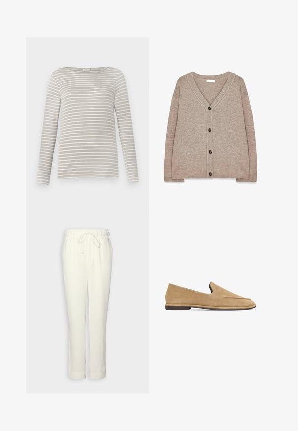 Beige strikket cardigan med V-hals, ribbede kanter og fem brune knapper foran. Blød tekstur og afslappet pasform.; TOM TAILOR STRIPED BOAT NECK - Langærmet T-shirt - taupe/offwhite; Hvide, elastiske bukser med en snor i taljen. Har en lige pasform og opfoldede kanter. Fremstillet af et glat, let materiale.; Beige ruskind slip-on loafers med lav hæl og rundet tå, sidevisning på hvid baggrund.