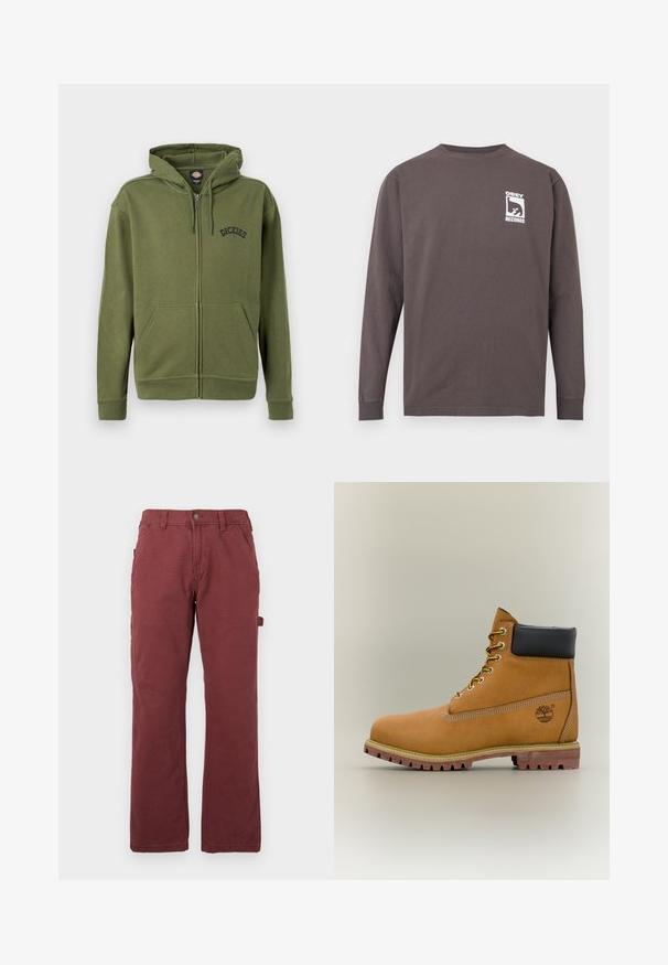 Olivgrüner Kapuzenpullover mit Reißverschluss, Fronttaschen, verstellbarer Kapuze mit Kordelzug und "Dickies"-Logo auf der linken Brustseite.; Langärmeliges dunkelgraues Rundhalsshirt mit weißem "OBEY RECORDS"-Logo und stilisiertem Gesichtsgrafik auf der linken Brust.; Herren Arbeitshose im geraden Schnitt in Dunkelrot mit Fronttaschen, Gürtelschlaufen, Knopf, Reißverschluss und einer seitlichen Werkzeugschlaufe.; Brauner Leder-Stiefelette mit schwarzem Kragen, gelben Schnürsenkeln und hellbrauner Sohle. Verfügt über ein Logo und weiße Ziernähe. Robuste Profilsohle.