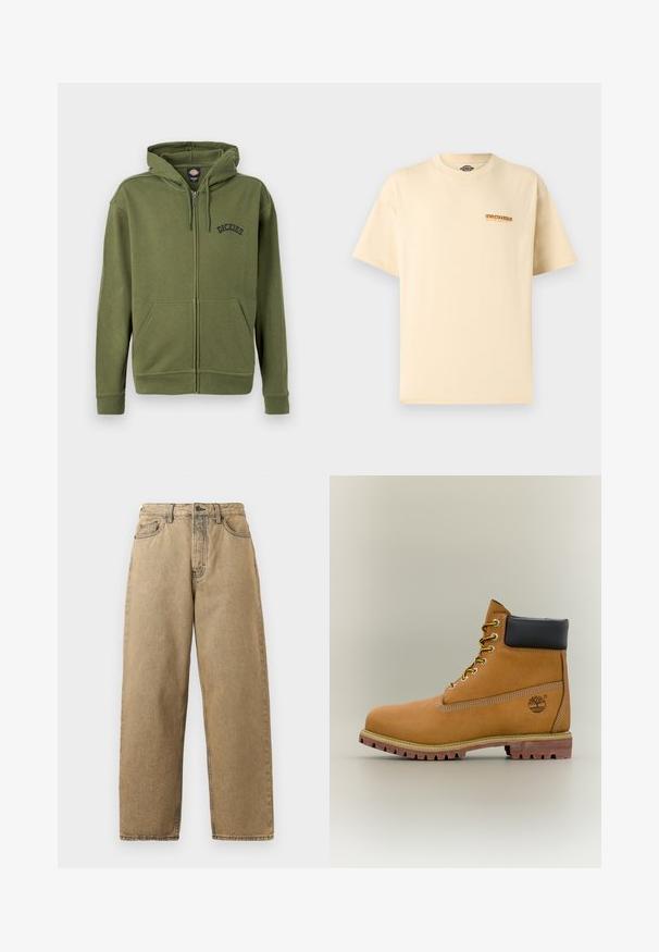 Olivengroene zip-up hoodie met voorzakken, verstelbare trekkoordkap en "Dickies"-logo op de linkerborst.; Beige korte mouwen Dickies t-shirt met een klein oranje-zwart logo op de linkerborst, ronde hals, eenvoudige uitvoering.; Tan denim jeans met een rechte pijpontwerp, voorzien van een rits, riemlussen en contrasterende stiksels. Geen opvallende patronen of hardwaredetails.; Bruine leren enkellaars met zwarte kraag, gele veters en een zandkleurige zool. Voorzien van een logo en witte stikseldetails. Robuuste loopzool met grip.