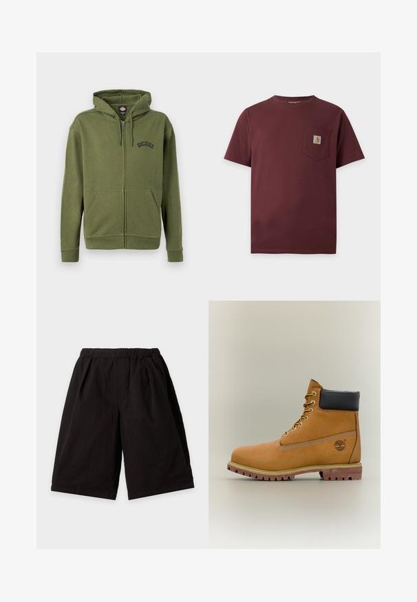 Olive green zip-up hoodie with front pockets, adjustable drawstring hood, and "Dickies" logo on the left chest.; Short-sleeve dark brown t-shirt with chest pocket featuring a small Carhartt logo patch.; Black loose-fit knee-length shorts with elastic waistband and side pockets on a light background.; Brown leather ankle boot with black collar, yellow laces, and tan sole. Features logo and white stitching detail. Rugged traction outsole.