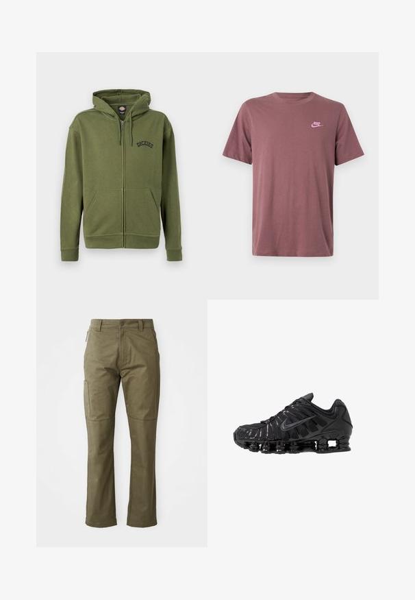 Olivengrøn lynlåshættetrøje med forlommer, justerbar snøre i hætten og "Dickies"-logo på venstre bryst.; Vinrød bomuld t-shirt med korte ærmer, rund hals og en pink Nike-logo på venstre brystområde. Glat tekstur, standard pasform.; Khaki cargo bukser lavet af slidstærkt bomuldsstof, med sidelommer, lige ben og lynlåsåbning med knaplukning.; Sorte atletikskoser lavet af mesh og syntetiske materialer, med et karakteristisk bølget design, sort gummisål og reflekterende detaljer.