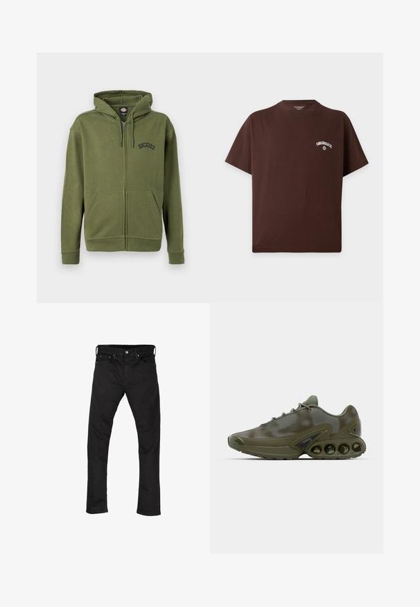 Olivgrüner Kapuzenpullover mit Reißverschluss, Fronttaschen, verstellbarer Kapuze mit Kordelzug und "Dickies"-Logo auf der linken Brustseite.; Braunes kurzärmeliges T-Shirt mit rundem Halsausschnitt und weißem "Originals Co."-Text sowie kleinem Logo auf der linken Brust.; Schwarze Denim-Jeans mit geradem Bein, im Fünf-Taschen-Stil und mit Metallknopfverschluss. Glatte Textur und einheitliche Farbe im gesamten Material.; Dunkelgrüner Sportschuh mit einer strukturierten Oberseite, Schnürverschluss und einer auffälligen Sohle, die sechs sichtbare Luftpolsterungseinheiten aufweist.