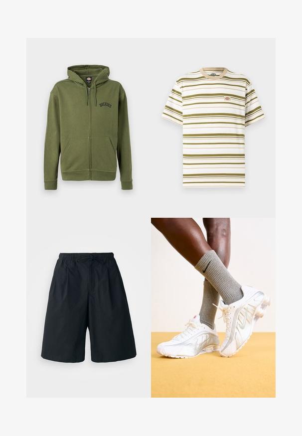 Sudadera con capucha de color verde oliva con cremallera, bolsillos frontales, capucha ajustable con cordón y logo "Dickies" en el pecho izquierdo.; Camiseta blanca de manga corta con rayas horizontales verde oliva y un pequeño parche de logotipo rectangular en el pecho izquierdo.; Pantalones cortos negros con cintura elástica y cordón ajustable. Hechos de una tela suave, con un corte holgado y sin patrones visibles.; Zapatillas Nike en blanco con detalles plateados, con paneles texturizados y perforaciones. Combinadas con calcetines grises acanalados, sobre un fondo amarillo.