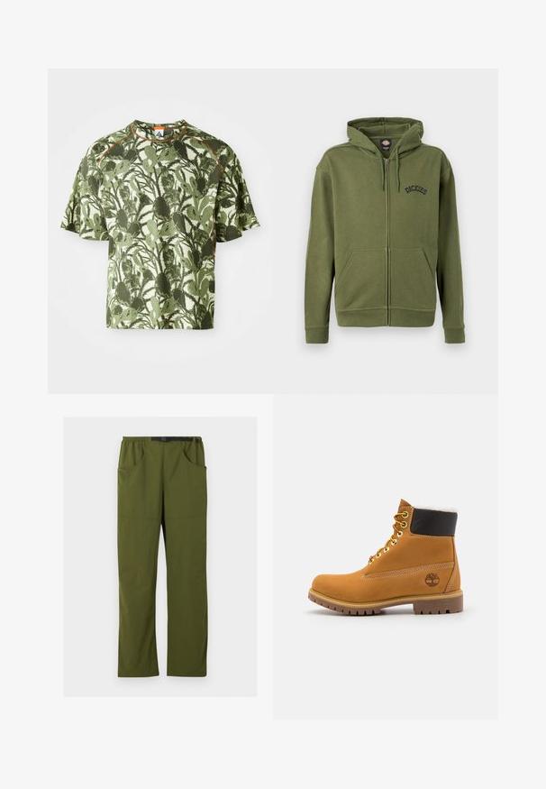 Oliviroheline lukuga dressipluus eesmiste taskute, reguleeritava nööriga kapuutsi ja vasakul rinnal oleva "Dickies" logoga.; Roheline lühikeste varrukatega T-särk, millel on tekstureeritud lehe muster, ning mille krae on oranžiga rõhutatud ning istuvus on mugav. Valmistatud hingavast materjalist.; Olive rohelised sirged püksid elastse vöökoha ja musta reguleeritava pandlaga vööga, esikülje ja küljetaskud, esiküljel õmblusdetail.; Pruun nahast pahkluu saabas metallist silmadega, valge karvane vooder, must pehmendatud krae, robustne tallal ja küljes reljeefne logo.