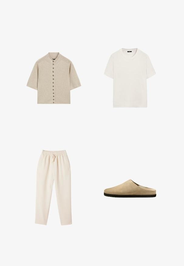 Beige kortærmet strikket cardigan med rund hals og en lodret række af ni små brune knapper foran.; Enkelt hvidt kortærmet T-shirt med rund hals og en sort label inde i halsudskæringen, vist på en hvid baggrund.; Beige loungbukser med en afslappet pasform, elastisk talje, snoretræk og sidelommer. Fremstillet af et blødt, struktureret stof.; Beige ruskind slip-on mule med lukket tå og sort flad gummisål.