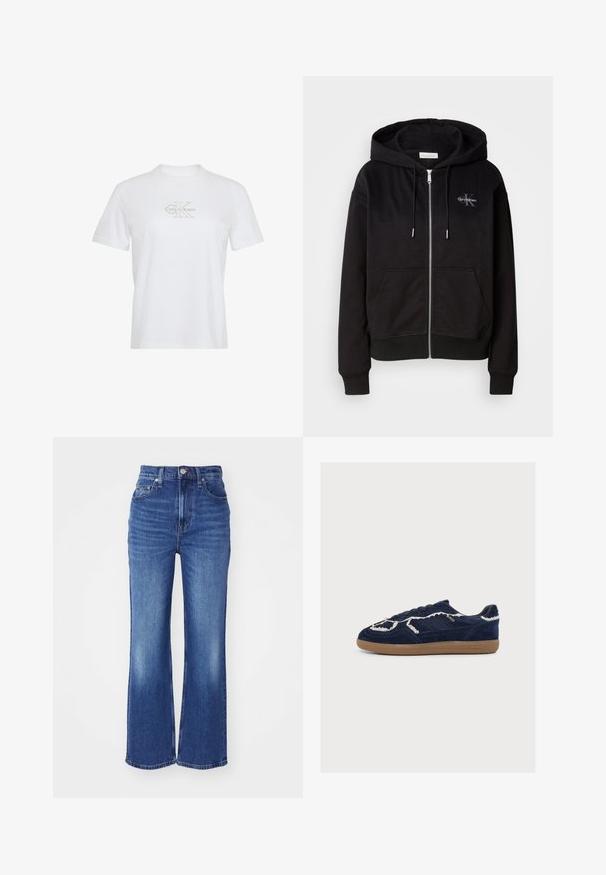 Sort zip-hoodie i blød bomuldsblanding med hætte, frontlommer og sølvhardware. Calvin Klein-logo broderet på brystet.; Hvid bomuld T-shirt med korte ærmer, rund hals og et guldprintet Calvin Klein-logo på forsiden.; Blå denim flared jeans med høj talje, fem lommer, subtil falmning og kontrasterende syninger. Har lynlås og knaplukning.; Navyblå ruskindssneaker med hvide snore detaljer, gummisål, sort inderfoer og "Alohas" branding på siden.