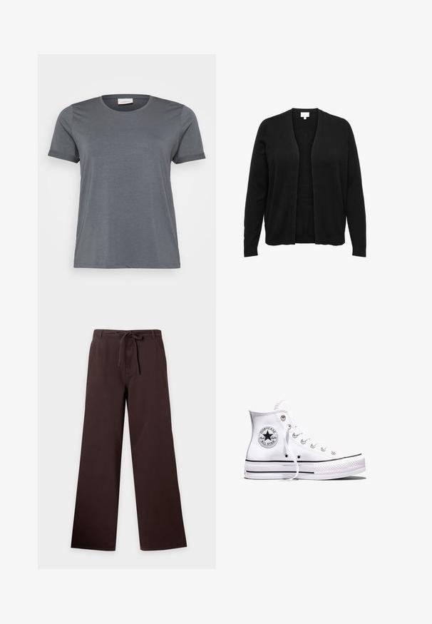 Schwarzer, offener Cardigan mit langen Ärmeln, gerippten Bündchen und Saum, aus weichem Strickstoff, vor weißem Hintergrund gezeigt.; Graues kurzärmliges T-Shirt aus weichem Material mit klassischem Rundhalsausschnitt und aufgerollten Ärmeln. Glatte Textur ohne sichtbare Muster.; Braune Hose mit weitem Bein, vorderen Taschen und einem Tunnelzugbund, dargestellt vor einem einfarbigen hellen Hintergrund.; Weißer Converse Chuck Taylor All Star High-Top-Sneaker mit schwarzen Streifen und Logo-Patch an der Seite, präsentiert vor einem schlichten weißen Hintergrund.