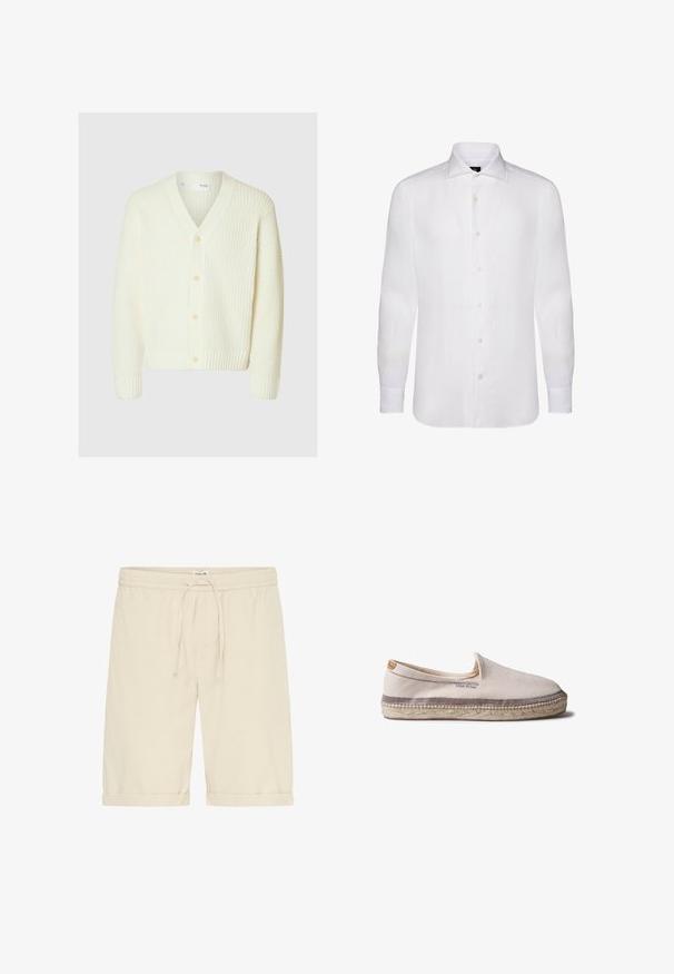 Cardigan en tricot de couleur crème avec un décolleté en V, des manches longues, des poignets et un ourlet côtelés, et quatre boutons à l'avant.; Chemise blanche à manches longues et à boutons, en tissu léger, avec un col classique, une texture subtile et six boutons sur le devant.; Short beige en coton avec taille élastique et cordon de serrage. Ourlets retournés et texture lisse, présentant des détails de design minimalistes.; Mocassin espadrille beige à enfiler avec une semelle en jute tressé et une bande grise au-dessus de la semelle, isolé sur fond blanc.