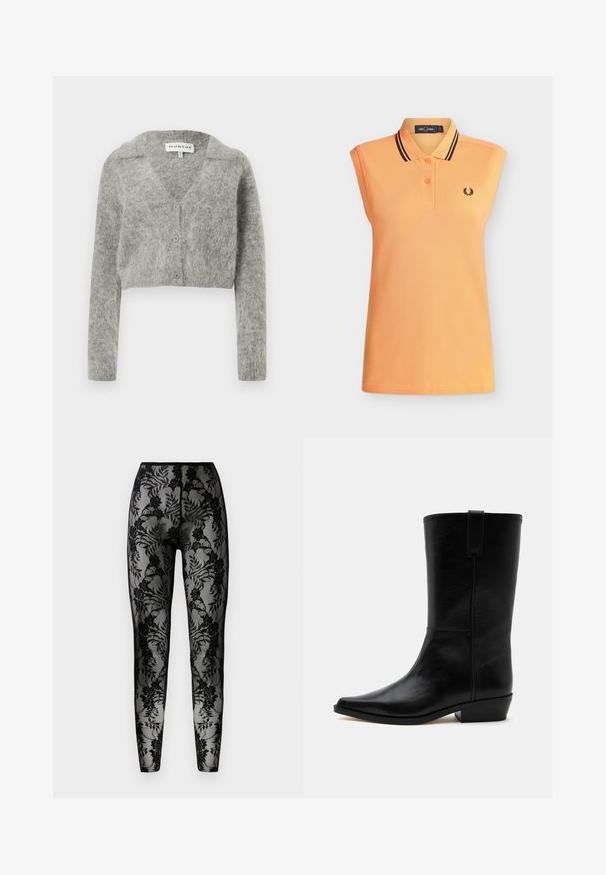 Grå cropped cardigan lavet af en blød uldblanding. Har V-hals, lange ærmer og fire knapper foran.; Ærmeløs orange polo-shirt med to knapper, sorte dobbelte striber på kraven og lille sort laurbærkrans-logo på brystet.; Sorte blonde leggings med blomstermønster, gennemsigtigt stof og en tæt pasform, med en glat talje og lukkede sømme.; Sort læder cowboystøvle til midt på læggen med spids tå, lav stablet hæl og trækkestrop øverst mod en ensfarvet baggrund.