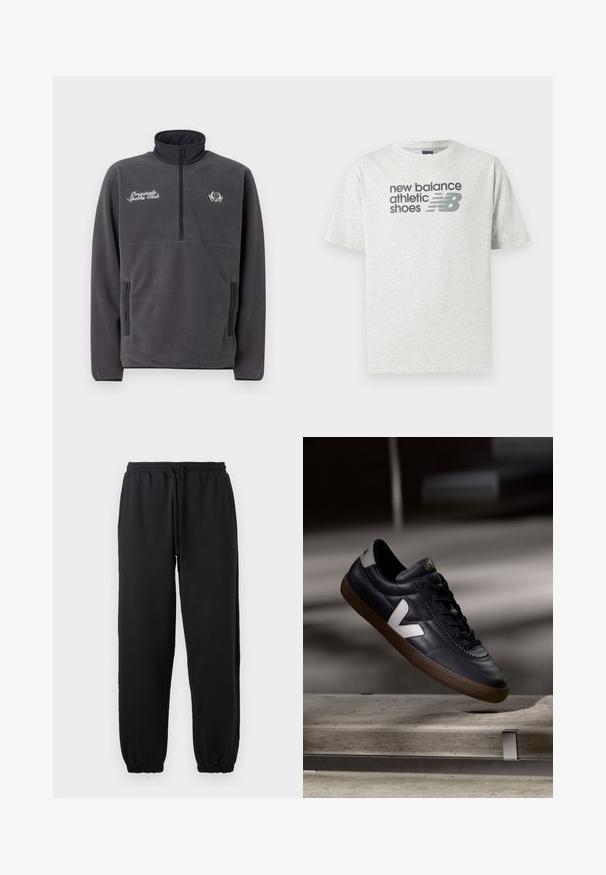 Grå fleecepullover med høj krave, halvlynlås foran, to sidelommer og broderet tekst og logo "Original Sports Club".; Lysegrå T-shirt med korte ærmer med teksten "new balance athletic shoes" og en stiliseret "NB" logo i mørkegrå på brystet.; Sorte joggingbukser lavet af blødt stof, med elastisk talje og justerbar snor, samt manchetter ved bunden.; Sort lædersneaker med hvid V-logo, snørebånd foran, perforerede detaljer og brunt gummisål; slankt design med minimale accenter.