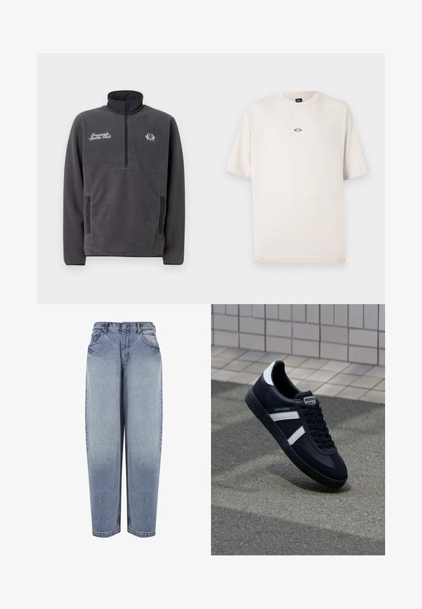 Grijze fleece pullover met een hoge kraag, halve rits aan de voorkant, twee zijzakken en geborduurde tekst en logo "Original Sports Club".; Oakley RISE TEE - T-shirt basic - mist; Blauwe high-waisted, loszittende denim jeans met voorzakken, riemlussen, knoopsluiting en vervaagde details langs de benen.; Zwarte leren sneaker met witte strepen, een gestructureerde rubberen zool en vetersluiting aan de voorkant. Voorzien van een merklabel op de tong.