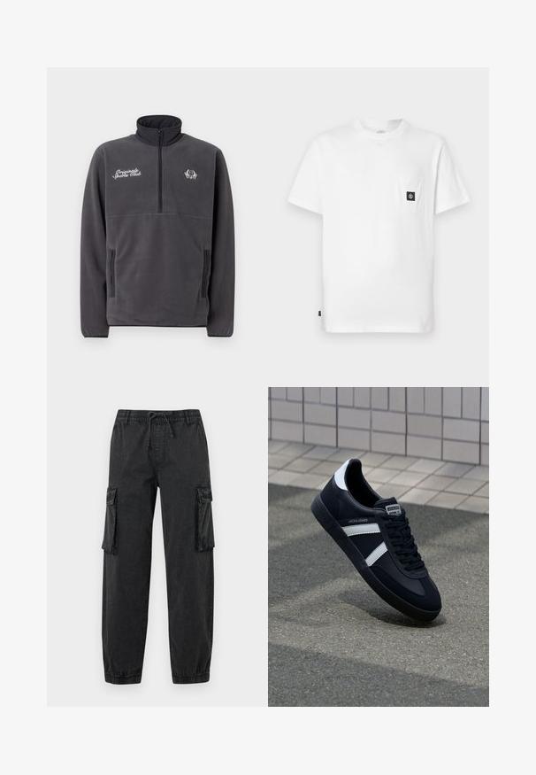 Grau Fleece-Pullover mit hohem Kragen, halber Reißverschluss vorne, zwei seitlichen Taschen und gesticktem "Original Sports Club"-Text sowie Logo.; Weißes Baumwoll-T-Shirt mit Rundhalsausschnitt, kurzen Ärmeln und einer Brusttasche mit schwarzem Logo-Patch. Glatte Textur, lockere Passform.; Schwarze Cargo-Hosen aus strukturiertem Stoff mit einem elastischen Bund und Kordelzug. Mit Seitentaschen und elastischen Bündchen an den Knöcheln.; Schwarze Leder-Sneaker mit weißen Streifen, strukturiertem Gummisohle und Schnürung. Verfügt über ein Markenetikett auf der Zunge.