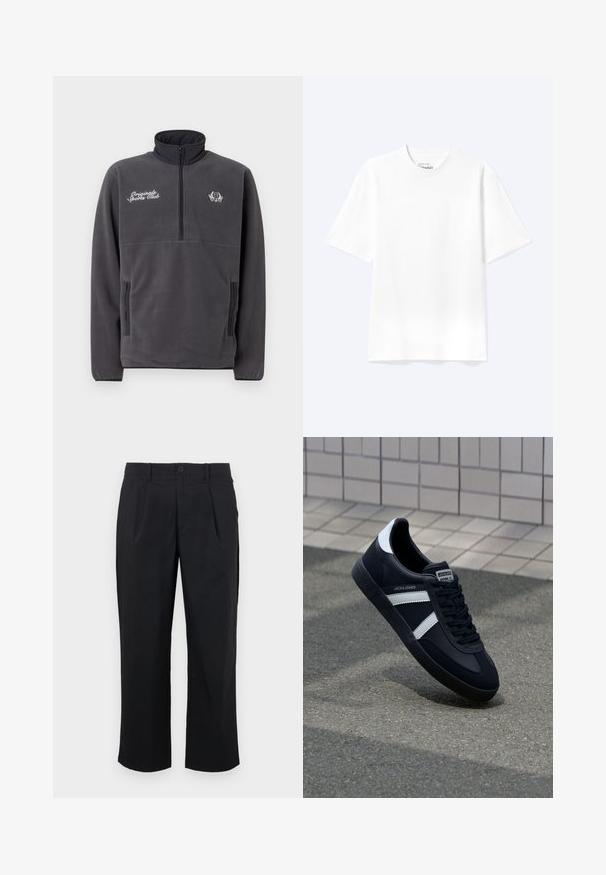 Grå fleecepullover med høj krave, halvlynlås foran, to sidelommer og broderet tekst og logo "Original Sports Club".; Enkel hvid T-shirt med korte ærmer og rund hals med afslappet pasform, vist på en lys baggrund.; Sorte bukser med lige pasform, der har folder foran, knaplukning og en glat stofstruktur.; Sort lædersneaker med hvide striber, tekstureret gummisål og snørrebånd foran. Har et brandet mærke på tungen.