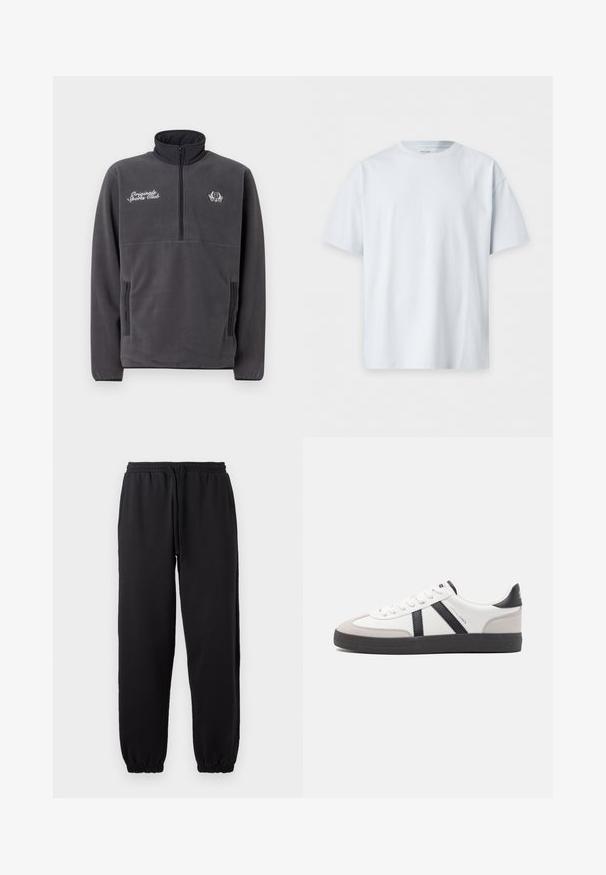 Hallid fleece-pullover, millel on kõrge krae, pool- või tõmblukuga esikülg, kaks külgekotti ning brodüüritud "Original Sports Club" tekst ja logo.; Lihtne valge lühikeste varrukatega ümara kaelusega T-särk, tasapinnal valge tausta peal.; Mustad mustrendiga joggersid pehmest kangast, millel on elastne vöökoht reguleeritava nööriga ja kinnitatud servad.; Valged tossud mustade ja hallide aktsentidega, tekstureeritud halli varbakattega, musta kummitald ja lamedad valged paelad. Puhtad jooned, minimalistlik stiil.