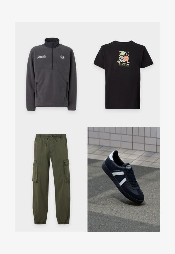 Grau Fleece-Pullover mit hohem Kragen, halber Reißverschluss vorne, zwei seitlichen Taschen und gesticktem "Original Sports Club"-Text sowie Logo.; Schwarzes Baumwoll-T-Shirt mit einem bunten Grafikdruck, der eine Ananas und Kirschen zeigt. Der Text lautet "Stance Community Run Club." Mit kurzen Ärmeln.; Olivengrüne Cargo-Hosen aus leichtem Stoff. Elastischer Taillenbund mit Kordelzug, zwei Seitentaschen und zwei Cargotaschen an den Oberschenkeln.; Schwarze Leder-Sneaker mit weißen Streifen, strukturiertem Gummisohle und Schnürung. Verfügt über ein Markenetikett auf der Zunge.
