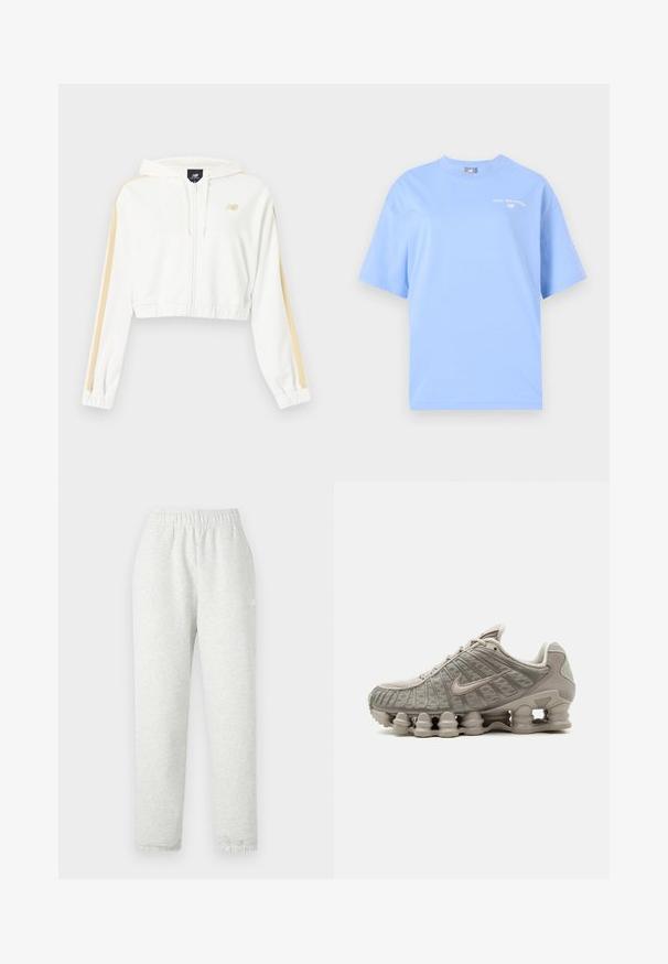 Biela krátka mikina na zips s béžovými pruhmi na rukávoch, elastickými manžetami a spodným lemom a malým logom New Balance na hrudi.; New Balance REIMAGINED OVERSIZED - Tričko s potlačou - electric sky; Svetlo šedé tepláky s elastickým pásom, zúženými nohavicami a rebrovanými manžetami. Vyrobené z mäkkej, štruktúrovanej tkaniny. Biele logo na boku.; Svetlobéžová teniska Nike Shox s viditeľnou stĺpovitou tlmiacou podrážkou a vrchnými sieťovinovými detailmi.
