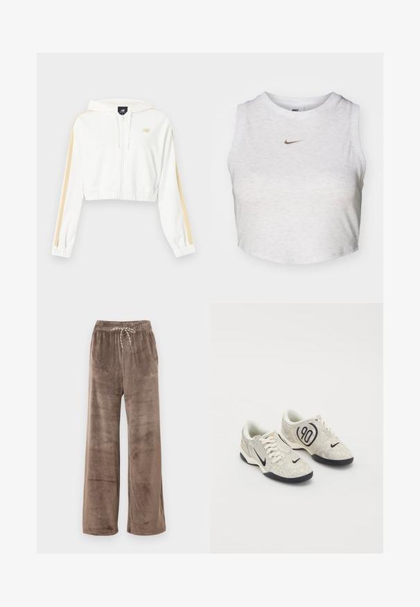 Sudadera blanca corta con cremallera, con rayas beige en las mangas, puños y dobladillo elásticos, y pequeño logo de New Balance en el pecho.; Top corto blanco hecho de una tela suave y texturizada. Presenta un cuello redondo y un diseño sin mangas, con un pequeño logotipo dorado de Nike en la parte delantera.; Pantalones anchos de terciopelo marrón con cintura elástica y cordón a rayas, con un pequeño logo dorado de Nike en el muslo derecho.; Zapatillas Nike con un upper texturizado en beige y gris, acentos negros, un gran logo de "90" y un cierre de cordones blancos. Suela negra.