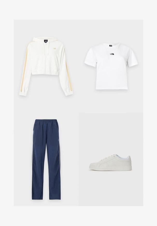 Sudadera blanca corta con cremallera, con rayas beige en las mangas, puños y dobladillo elásticos, y pequeño logo de New Balance en el pecho.; Camiseta blanca de algodón con mangas cortas, cuello redondo y un logo negro de The North Face en el pecho. Diseño sencillo y sin adornos.; Pantalones ligeros azul marino con cintura elástica, bolsillos laterales y detalles de rayas blancas a lo largo de las costuras exteriores de las piernas.; Zapatillas blancas con upper de cuero liso, punta redonda, suela plana y detalles sutiles en los paneles laterales. Diseño con cordones y un interior suave.