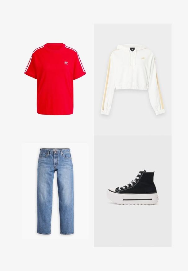Sudadera blanca corta con cremallera, con rayas beige en las mangas, puños y dobladillo elásticos, y pequeño logo de New Balance en el pecho.; Camiseta de algodón roja con cuello redondo, mangas cortas, con acentos de tres rayas blancas en los hombros y un pequeño logo blanco en el pecho.; Jeans de mezclilla de color azul claro con un ajuste de pierna recta, cinco bolsillos y cremallera. La tela tiene un acabado texturizado clásico con un ligero desvanecimiento.; Zapatilla alta negra de lona, con costuras blancas, puntera de goma, suela gruesa blanca y detalle de franjas negras.