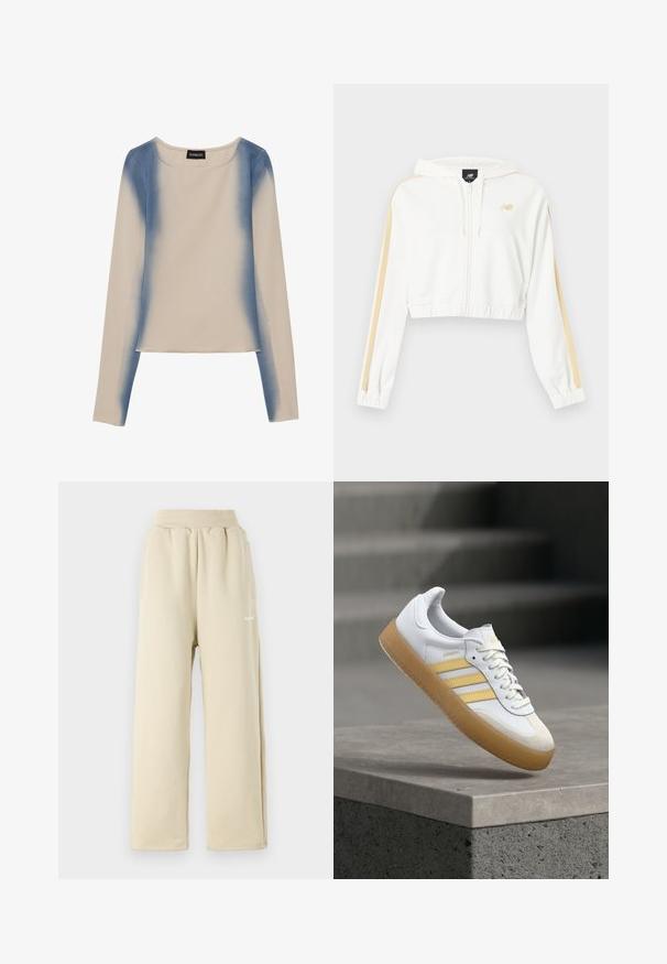 Hvid cropped hættejakke med lynlås, beige striber på ærmerne, elastiske ærmeender og kant samt et lille New Balance-logo på brystet.; Langærmet top i lys beige med et gradient blå design. Glat tekstur med rund halsudskæring og lige kant.; Beige brede sweatpants lavet af blødt stof, med elastisk talje, sidelommer og lille broderet logo detaljer.; Hvid lædersneaker med gule accenter, tre striber og en gummisål i farven gum. Skoen har en rundet tå og en tekstureret tung.