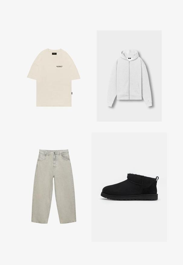 Haut à capuche gris clair zippé avec poches avant, manches longues et capuche attachée, posé à plat sur un fond uni.; T-shirt en coton beige avec un col rond, au design surdimensionné, et un logo imprimé noir sur la poitrine gauche. Manches courtes à coupe droite.; Jean denim gris clair à jambes larges avec poches avant, passants pour ceinture et fermeture par bouton, présenté à plat sur un fond blanc.; Bottines noires en daim avec une doublure douce et texturée, une semelle en caoutchouc basse et une languette à l'arrière pour un enfilage facile.